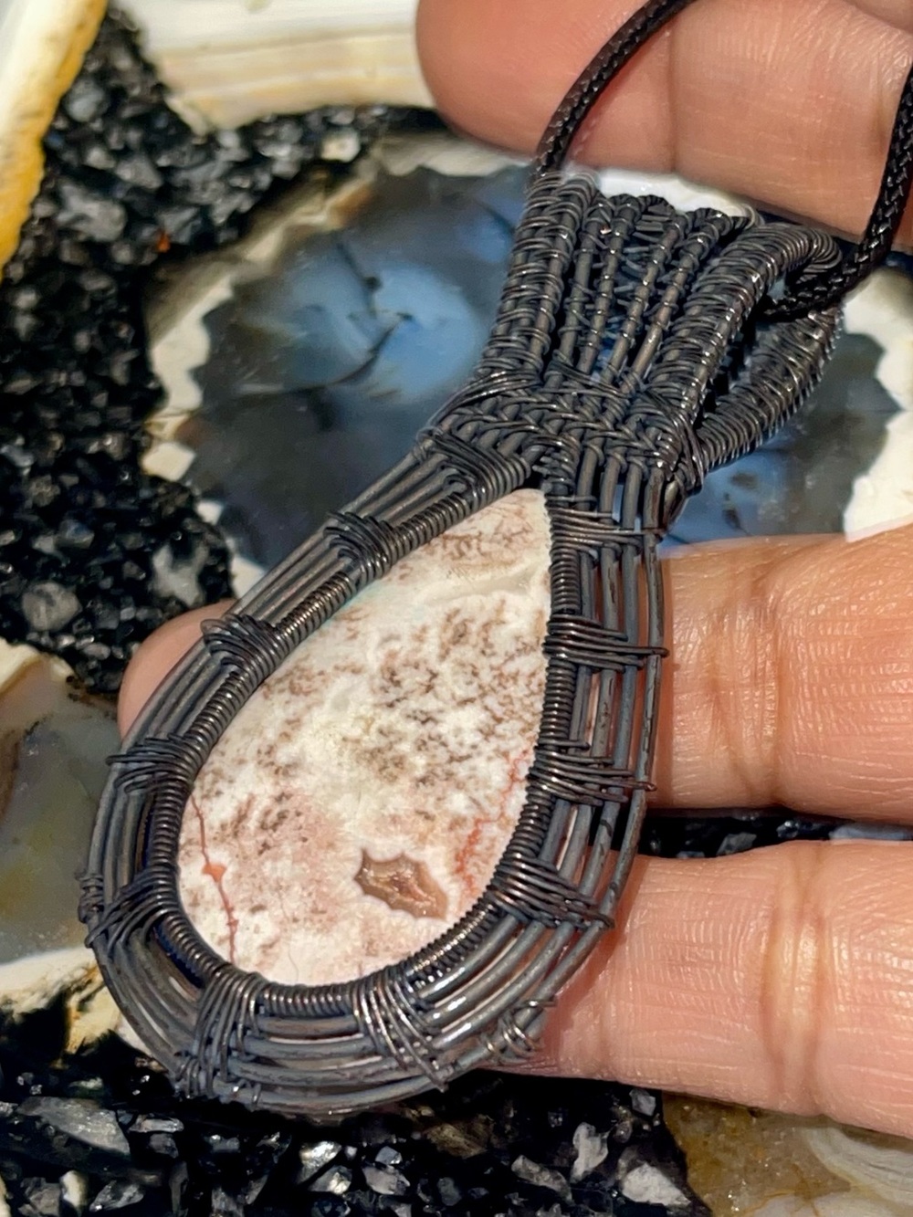Oxidized Wire-wrapped Laguna Crazy Lace Agate  Pendant 2 7/8”